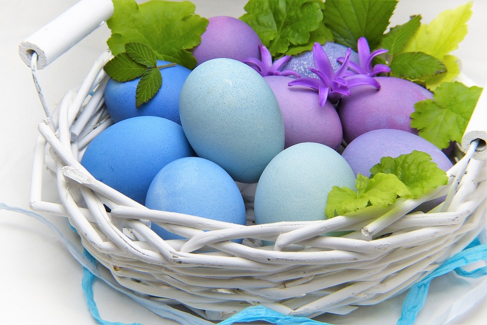 a basket of easter eggs.