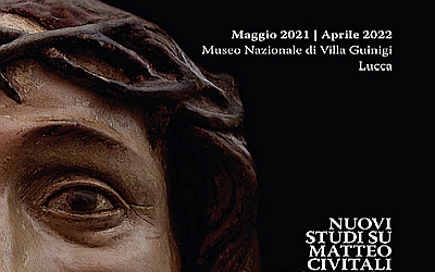 Photo with focus on a detail of the sculpture of the Salvator Coronatus (eye and head with crown of thorns) on black ground. On the top on the right white letters with the date and location of the exhibit and beyond the title                                                   n basso a destra il titolo della mostra