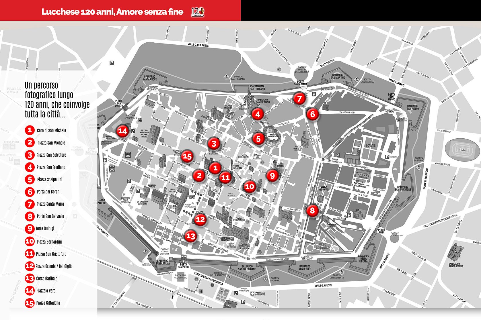 mappa della sistemazione dei pannelli della mostra Lucchese120 a Lucca