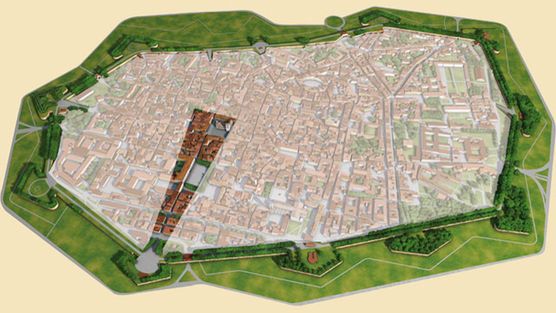 Map of Lucca with spotlight on the historic center