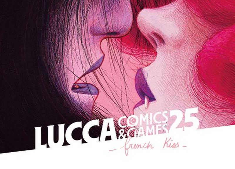 Two characters from the Lucca Comics and Games poster are about to kiss.
