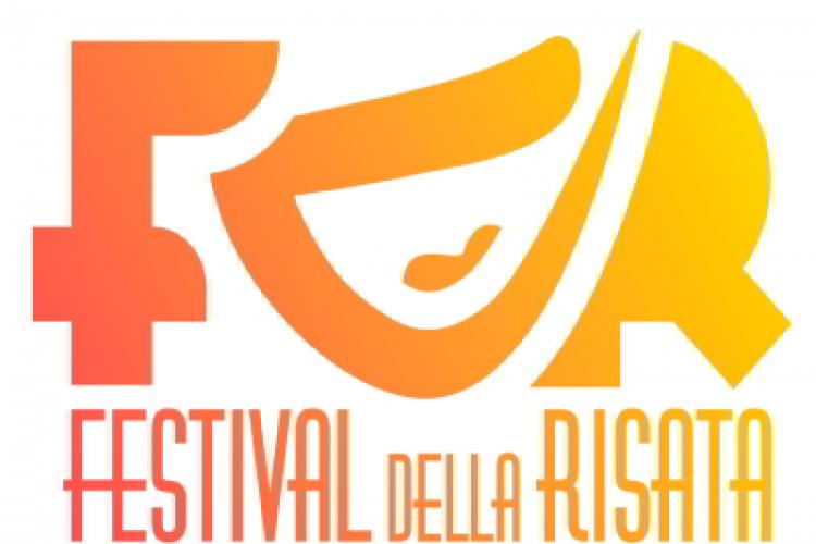 Festival della Risata. Logo arancione giallo con la scritta festival della risata e e la sigla FDR con la d che ricorda una bocca che ride.
