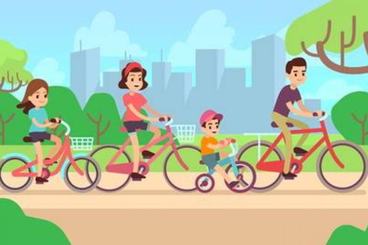 Immagine cartoon di una famiglia in bici con due figli