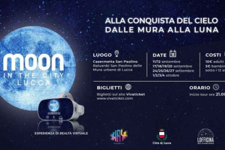 Locandina informativa delle visite guidate virtuali Moon in the City a Lucca