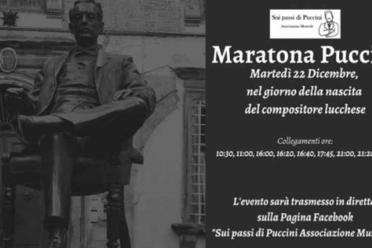 Locandina dell'evento in diretta streaming Maratona Puccini contenente gli orari delle dirette FB