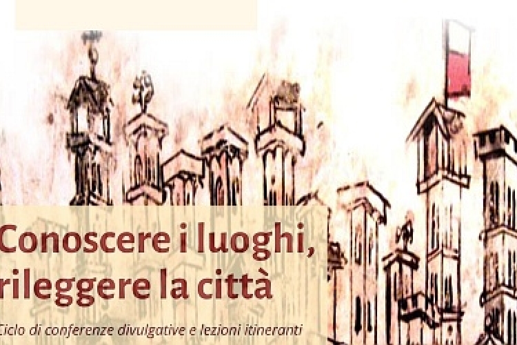 Immagine disegnata delle torri di Lucca con la bandiera lucchese bianca e rossa. sopra in rosso scuro il titolo dell'iniziativa: : Conoscere i luoghi, rileggere la città.