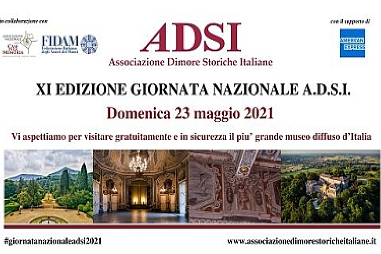 Foto di alcune dimore storiche (giardini e interni) con la scritta: "XI edizione della Giornata Nazionale dell’Associazione Dimore Storiche Italiane, domenica 23 maggio 2021"