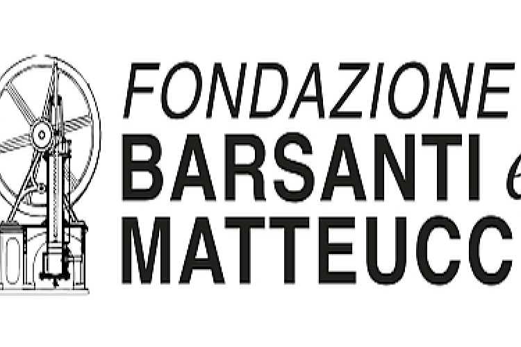 Macchinario stilizzato del motore a scoppio e scritta Fondazione Barsanti e Matteucci in nero su sfondo bianco