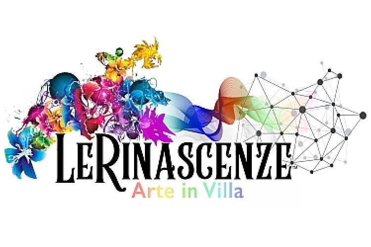 Logo con sfondo bianco dell'evento Le Rinascenze. Vari fiori colorati che si trasformano in una struttura geometrica colorata e la scritta "Le Rinascenze. Arte in Villa" di colore nero e arcobaleno.