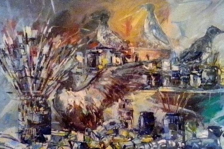 Un quadro del pittore con gabbiani e pennelli