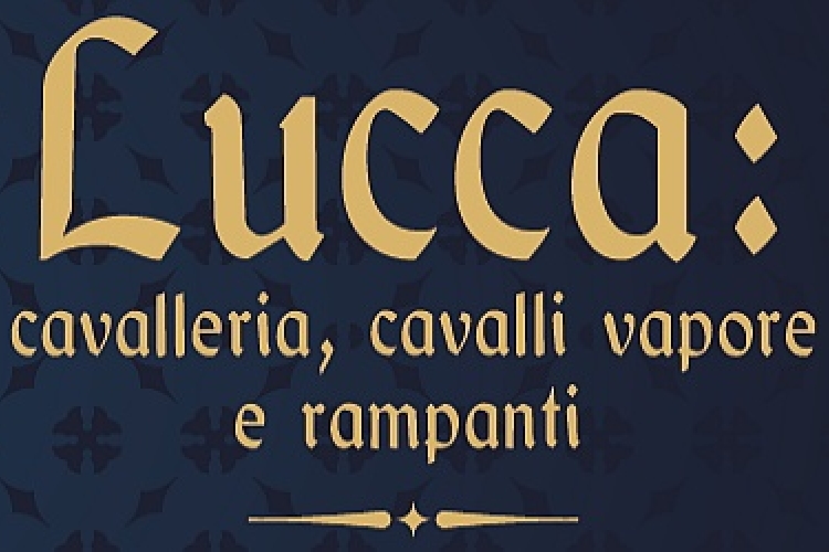 Intestazione con titolo del pieghevole Lucca: cavalleria, cavalli a vapore e rampanti